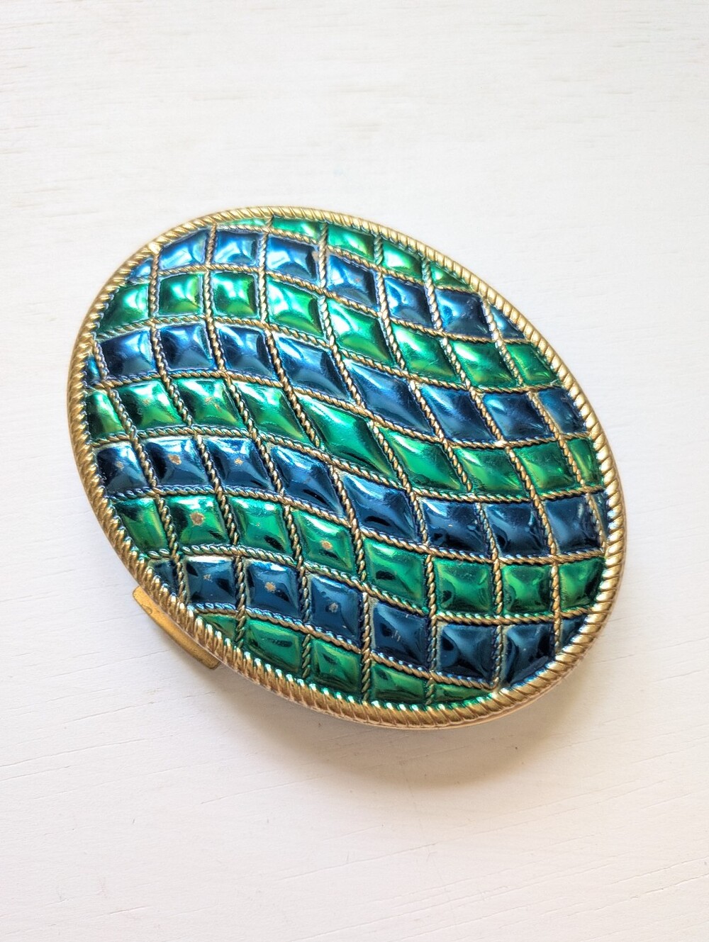 Vintage Avon Empress Oval Green & Blue Gold Toned Powder Compact